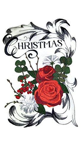 Christmas Roses embroidered iron-on patch on a garment, showcasing vibrant colors and intricate design.