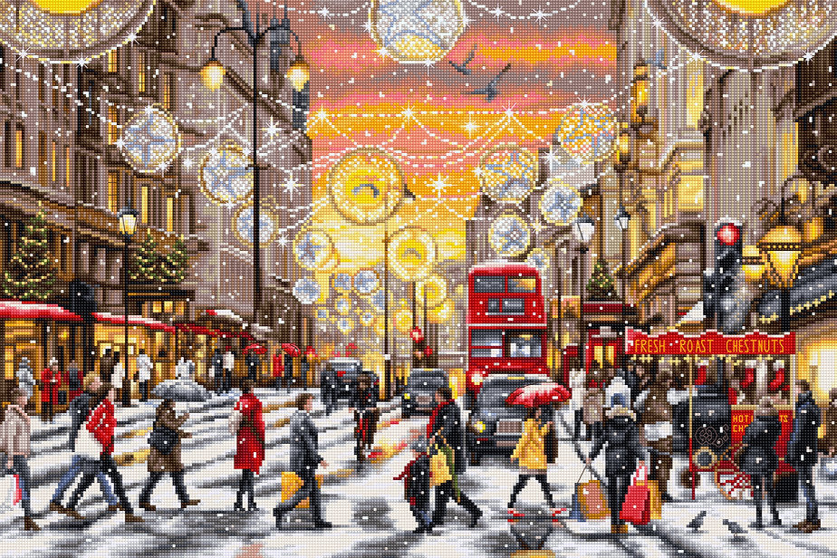 Christmas Shopping BU5007L Counted Cross-Stitch Kit with Aida canvas, colorful threads, and needle for holiday crafting.