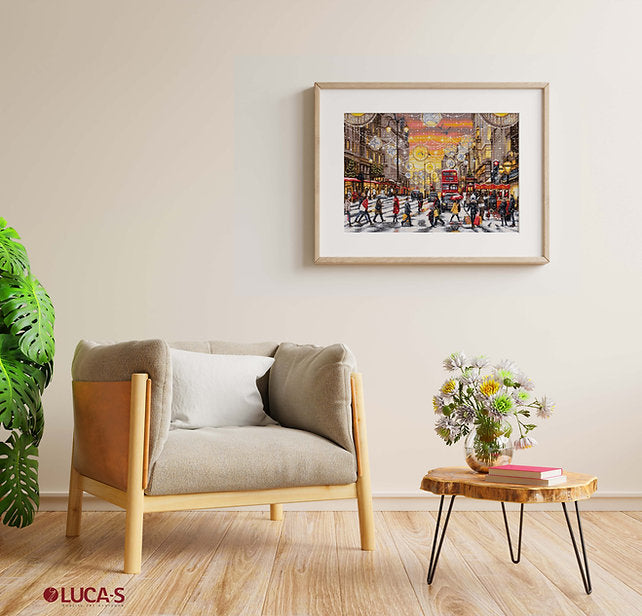 Christmas Shopping BU5007L Counted Cross-Stitch Kit with Aida canvas, colorful threads, and needle for holiday crafting.