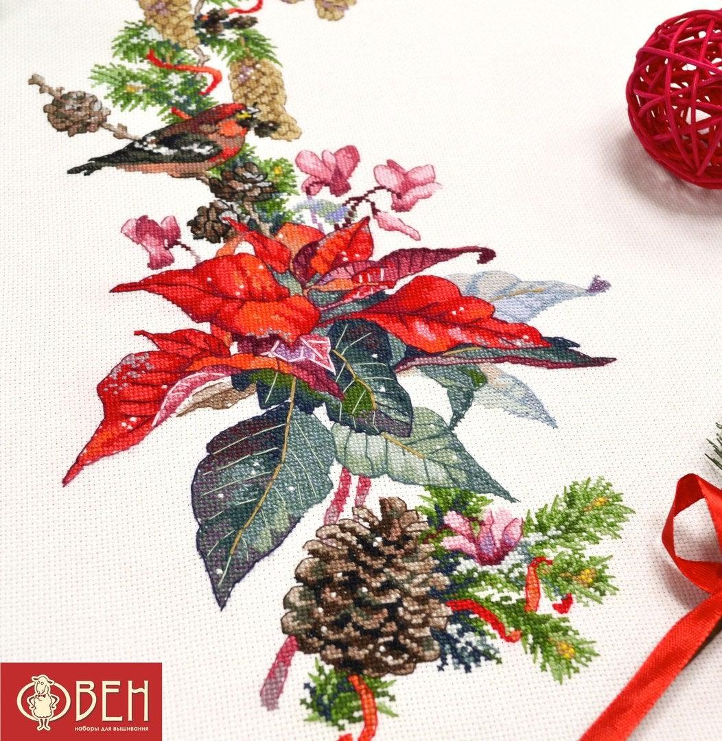 Christmas Star 1016 Counted Cross Stitch Kit featuring Aida canvas, colorful threads, and a needle for festive crafting.