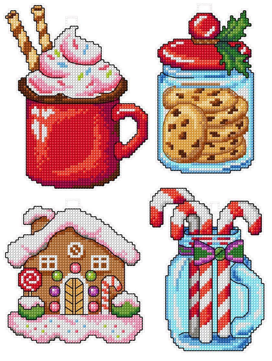Christmas Sweets Counted Cross-Stitch Kit featuring vibrant threads and plastic canvas for festive crafting.