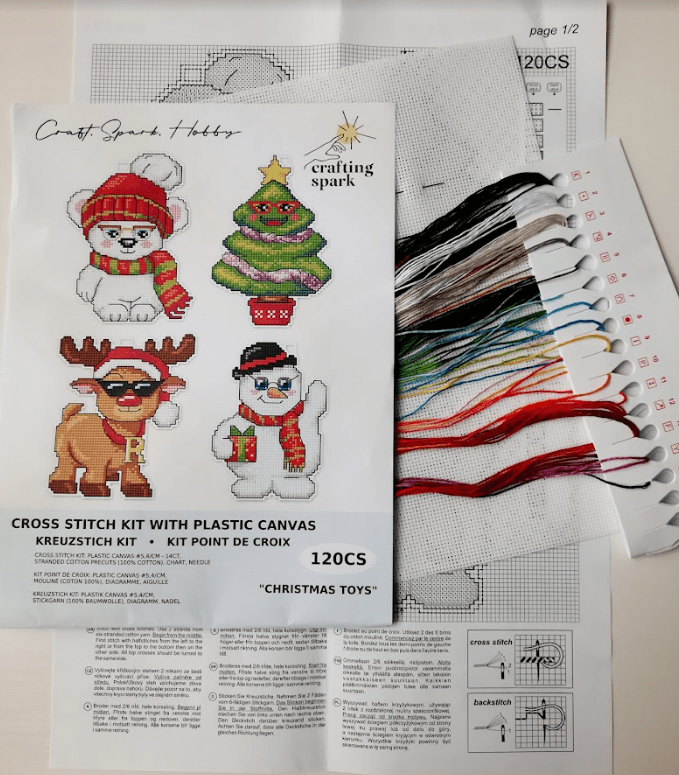 Christmas Toys 120CS Counted Cross-Stitch Kit featuring vibrant colors and included materials for holiday crafting.