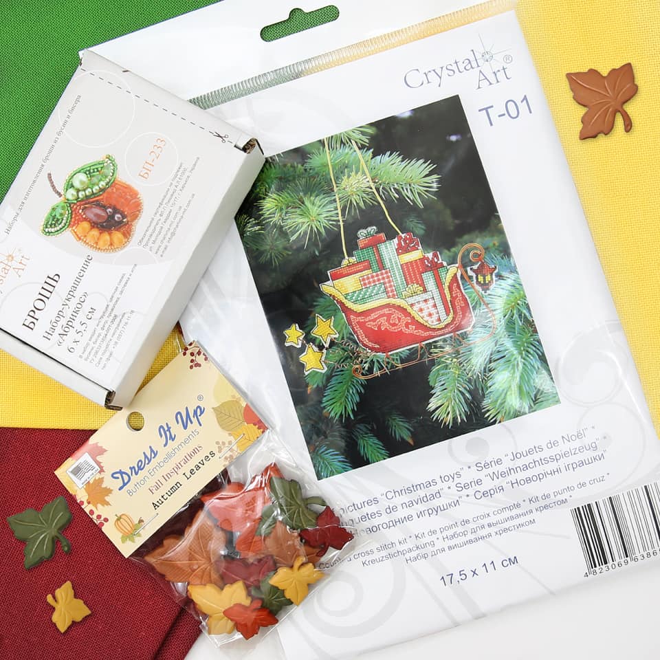 Colorful Christmas tree toy cross-stitch kit with plastic canvas and Madeira cotton floss.