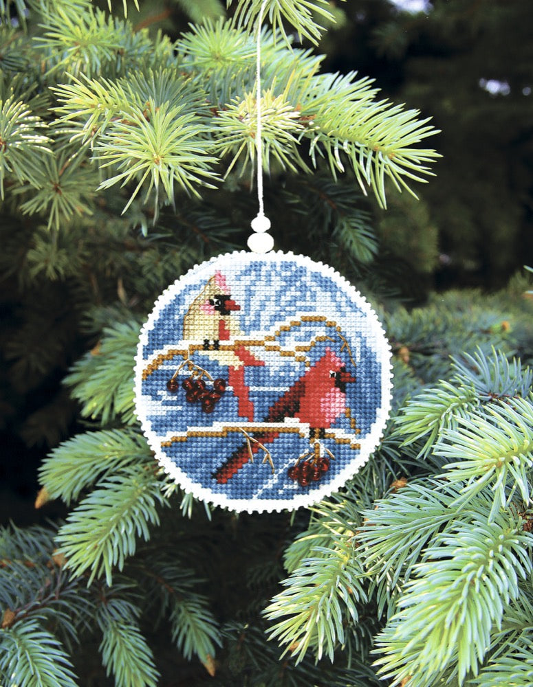 Christmas tree toy cross-stitch kit featuring plastic canvas, colorful Madeira cotton floss, and Czech beads, perfect for holiday crafting.