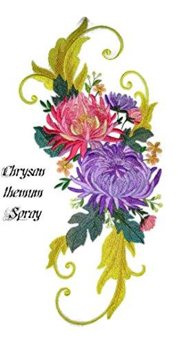 Chrysanthemum Spray embroidered patch with intricate design, suitable for iron-on or sewing applications, displayed on a fabric background.