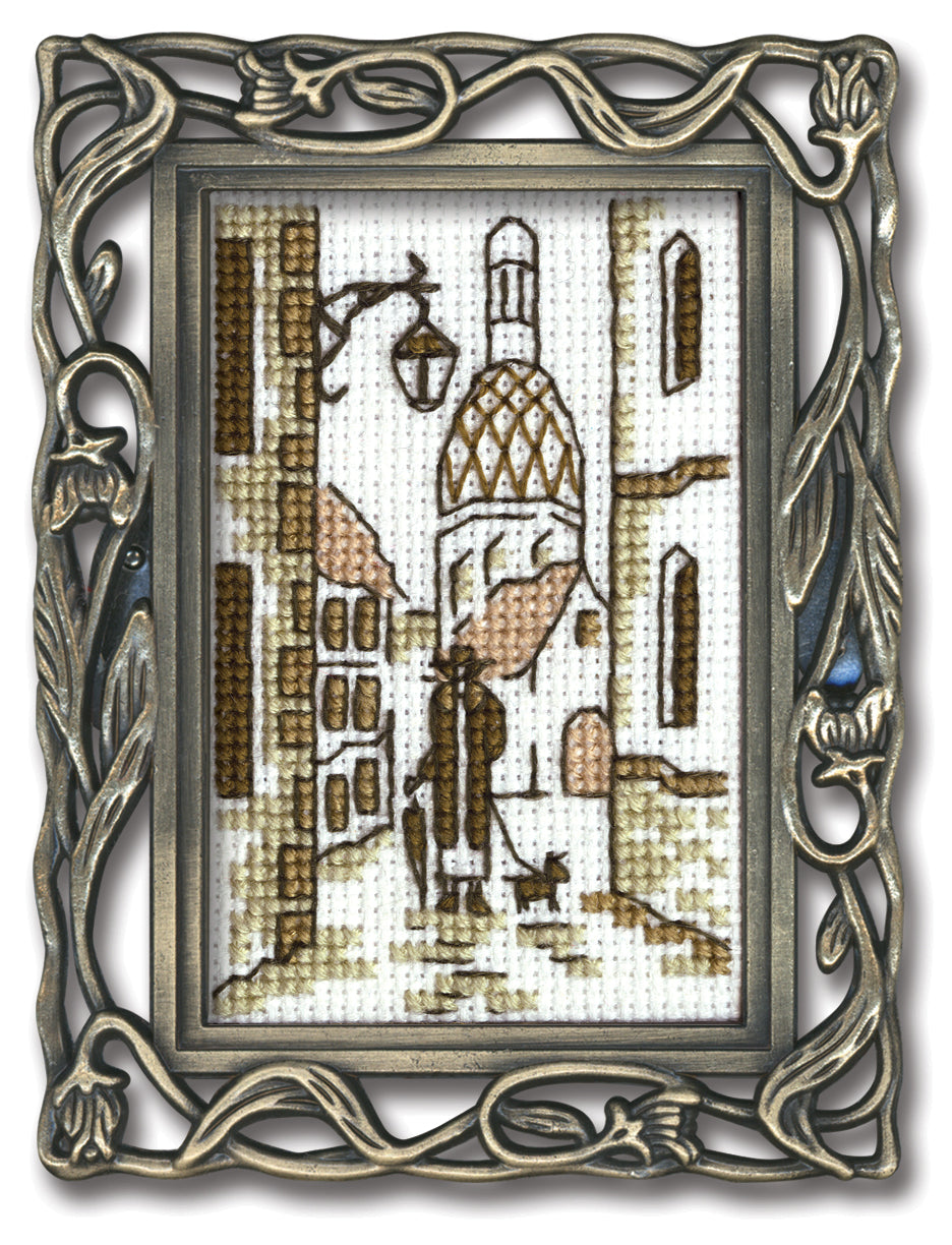 Church FA014 Counted Cross Stitch Kit featuring Aida canvas, DMC threads, needle, and frame, ideal for crafting enthusiasts.