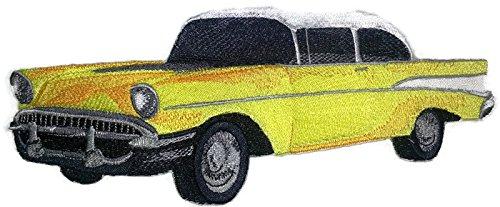 Classic 1957 Chevy embroidered patch with vibrant colors and intricate detailing, measuring 9.25" x 3.86".