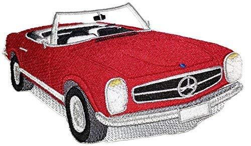 Classic Mercedes 250 SL embroidered patch, measuring 6.5" x 4", featuring intricate embroidery on a cotton base, ideal for iron-on or sew-on applications.