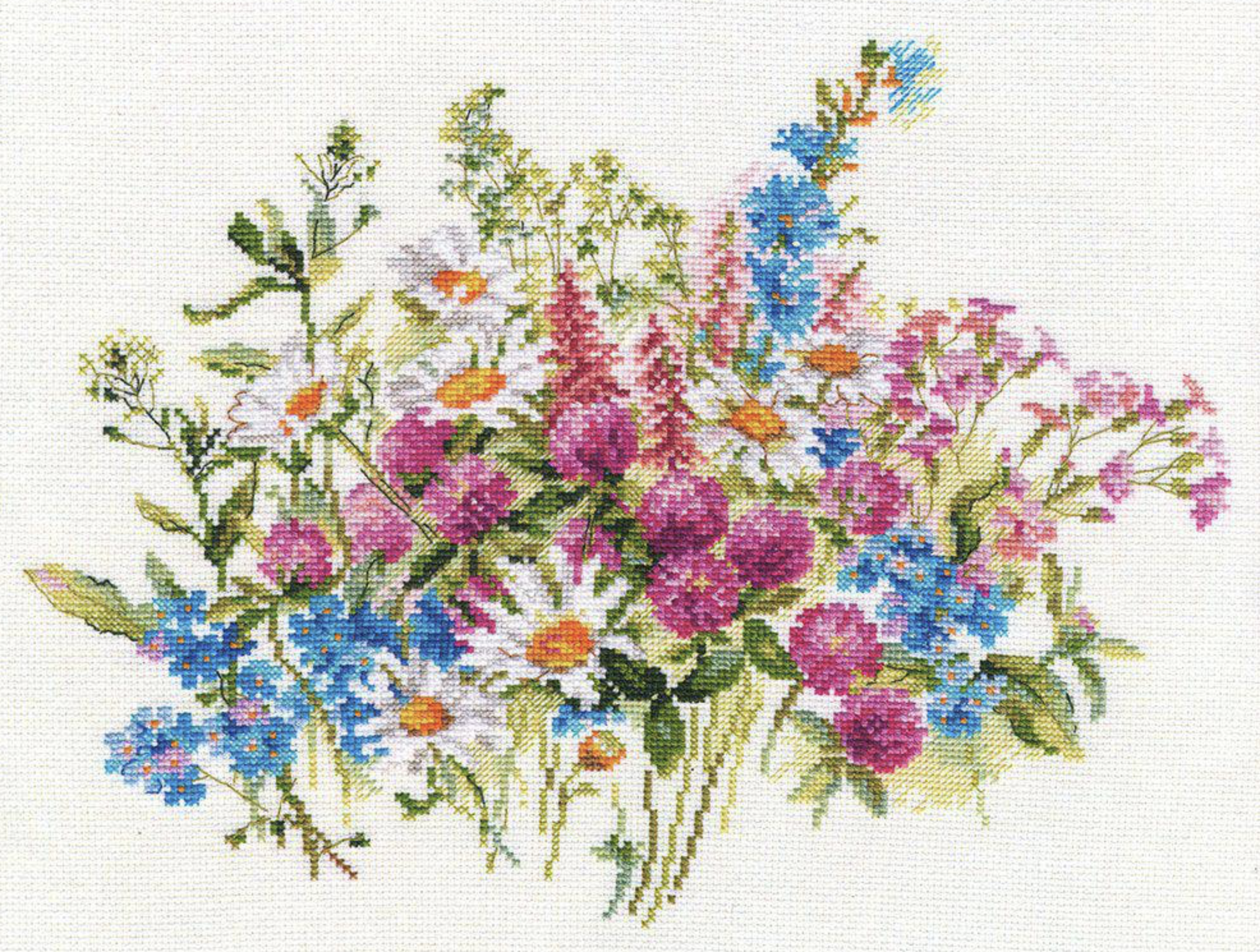 Clever & Daisies 2-33 Cross-stitch kit featuring white Aida fabric, 33 colorful threads, and an embroidery needle.