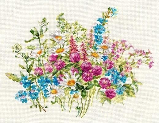 Clever & Daisies 2-33 Cross-stitch kit featuring white Aida fabric, 33 colorful threads, and an embroidery needle.