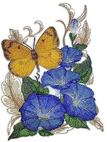 Clouded Yellow Butterfly and Morning Glories embroidered patch on a white background, showcasing vibrant colors and intricate stitching.