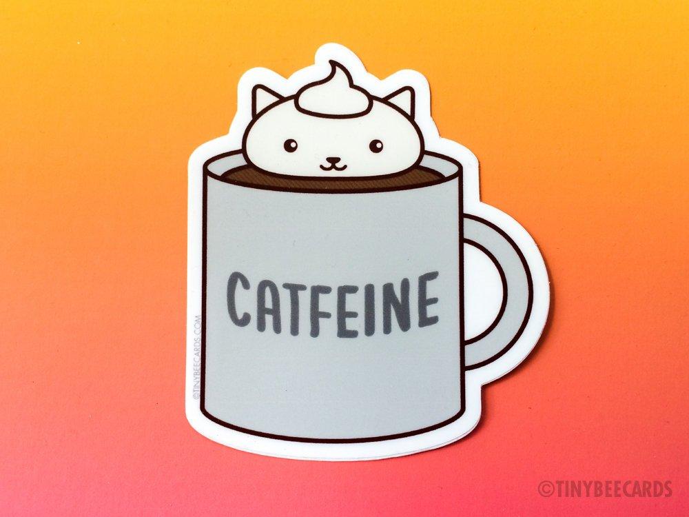 Coffee Cat Vinyl Sticker featuring a cute cat design with the pun text 'Catfeine', perfect for personalizing items.