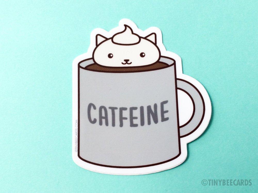 Coffee Cat Vinyl Sticker featuring a cute cat design with the pun text 'Catfeine', perfect for personalizing items.