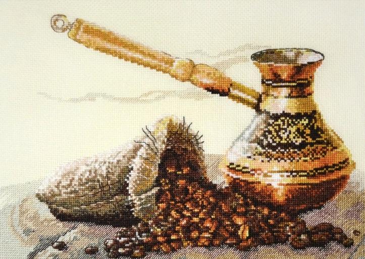 Coffee Flavor 880 Counted Cross Stitch Kit featuring a still life design of coffee beans and a steaming cup, complete with threads and canvas.