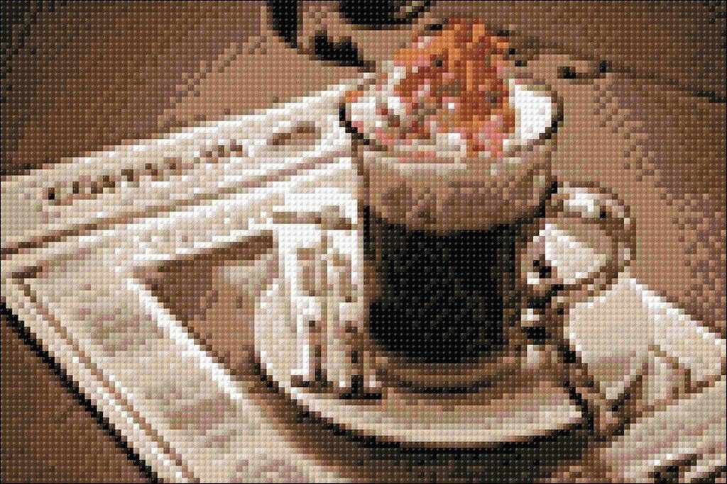 Coffee Time WD047 Wizardi Diamond Painting Kit with colorful square acrylic diamonds and tools on a self-adhesive canvas.