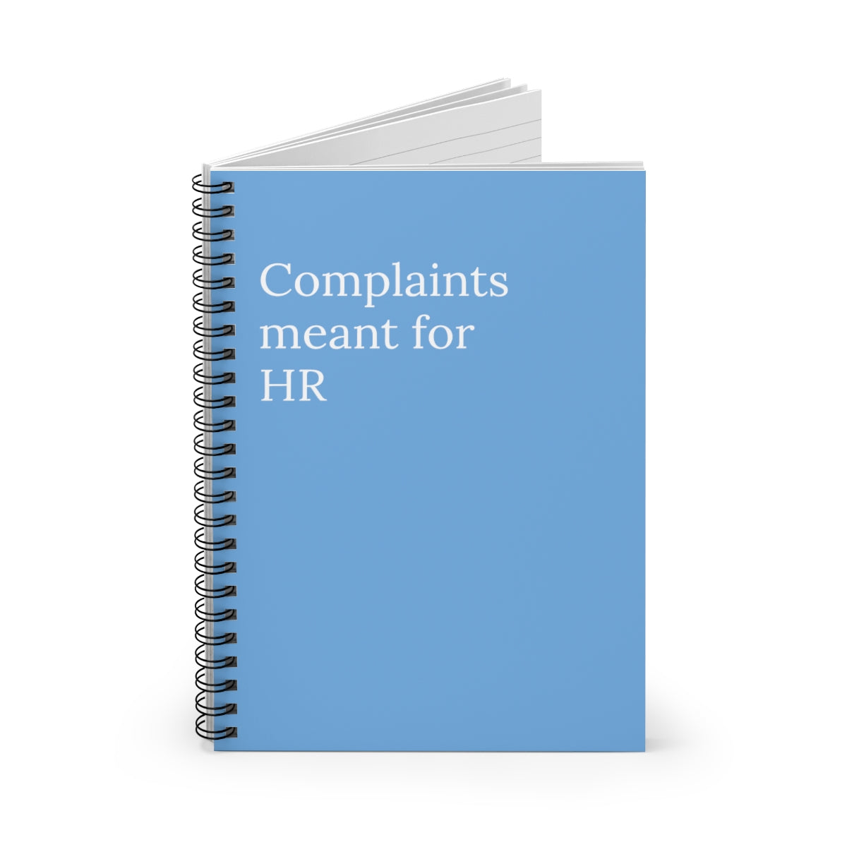 A humorous spiral notebook titled 'Complaints meant for HR' featuring ruled line pages, perfect for office use.