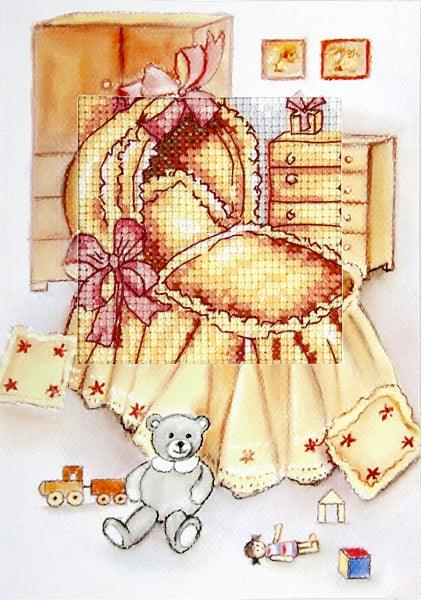 Complete counted cross stitch kit featuring Craddle design, including Zweigart fabric, DMC threads, embellished card, and accessories.