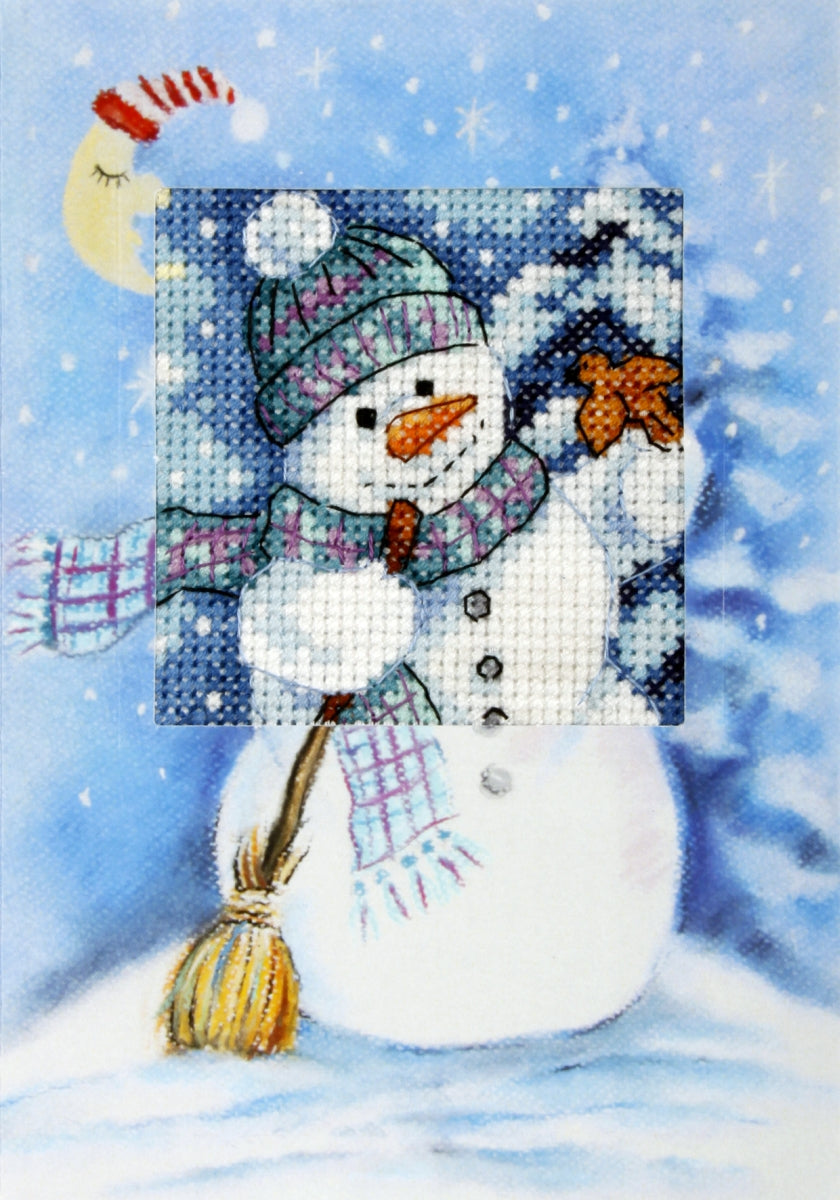 Complete counted cross stitch kit featuring a Snowman design, including Zweigart aida fabric, DMC threads, embellished card, and accessories.