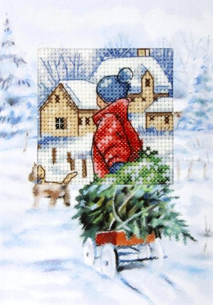 Complete counted cross stitch kit featuring winter-themed design, including Zweigart aida fabric, DMC threads, embellished card, and accessories.