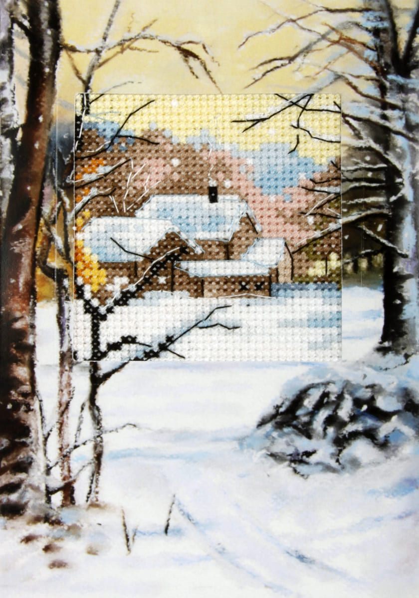 Complete counted cross stitch kit featuring a winter landscape design, including Zweigart aida fabric, DMC threads, embellished card, and accessories.