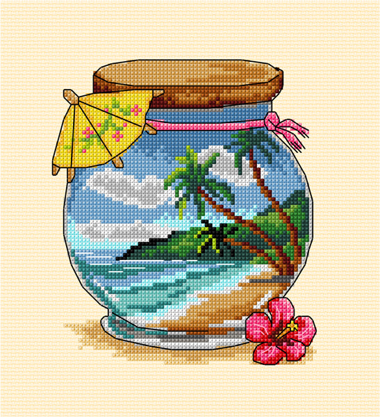 Complete counted cross stitch kit featuring tropical sea design with ecru aida fabric and colorful threads.