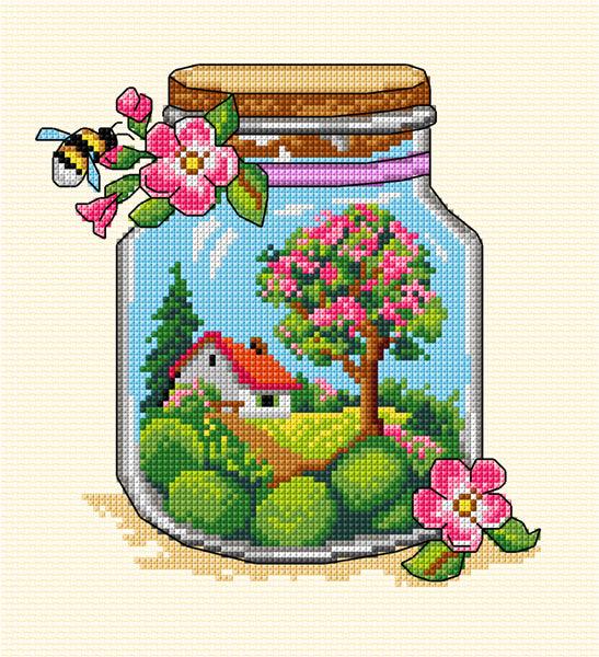 Complete counted cross-stitch kit featuring Spring Jar design with cream aida fabric and colorful threads.