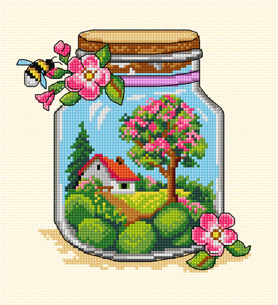 Complete counted cross-stitch kit featuring Spring Jar design with cream aida fabric and colorful threads.