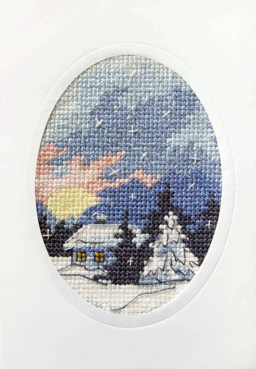 Complete cross stitch kit featuring a winter night design, including Zweigart aida fabric, DMC threads, blank card, and envelope.