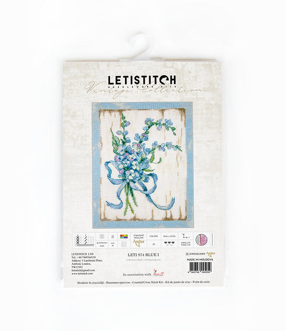 Counted Cross Stitch Kit BLUE I Leti974 featuring vibrant Anchor threads, canvas, needle, and instructions for crafting.