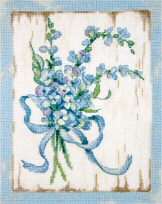 Counted Cross Stitch Kit BLUE I Leti974 featuring vibrant Anchor threads, canvas, needle, and instructions for crafting.