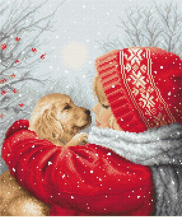 Counted Cross Stitch Kit Christmas Hugs L8019 featuring vibrant colors and Aida canvas.