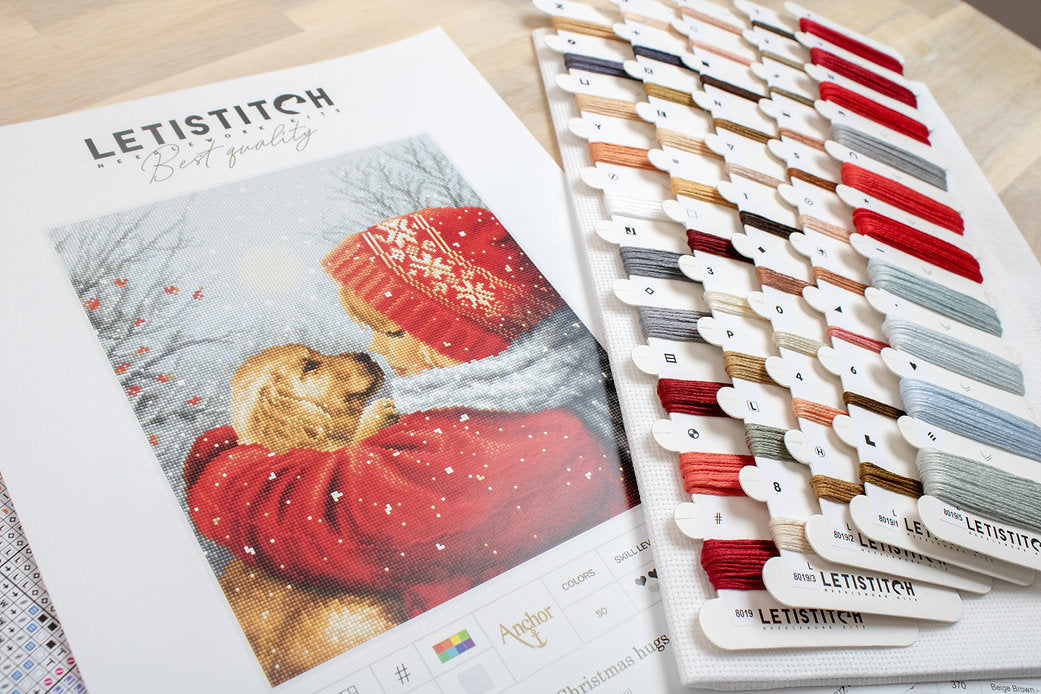 Counted Cross Stitch Kit Christmas Hugs L8019 featuring vibrant colors and Aida canvas.