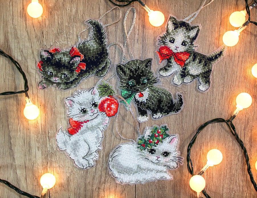 Counted Cross Stitch Kit featuring Christmas Kittens with vibrant colors and included materials.