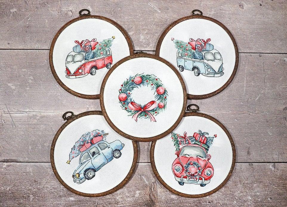 Counted Cross Stitch Kit featuring Christmas Retro Cars with colorful threads and canvas, perfect for holiday crafting.