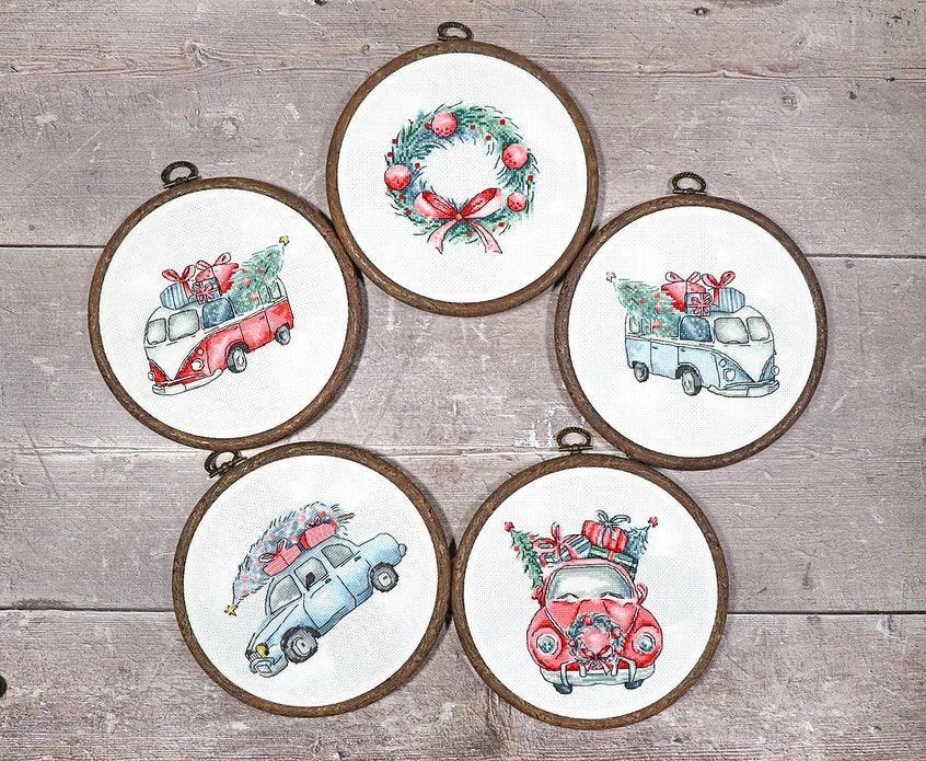 Counted Cross Stitch Kit featuring Christmas Retro Cars with colorful threads and canvas, perfect for holiday crafting.