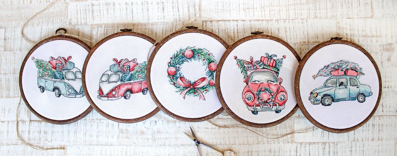 Counted Cross Stitch Kit featuring Christmas Retro Cars with colorful threads and canvas, perfect for holiday crafting.
