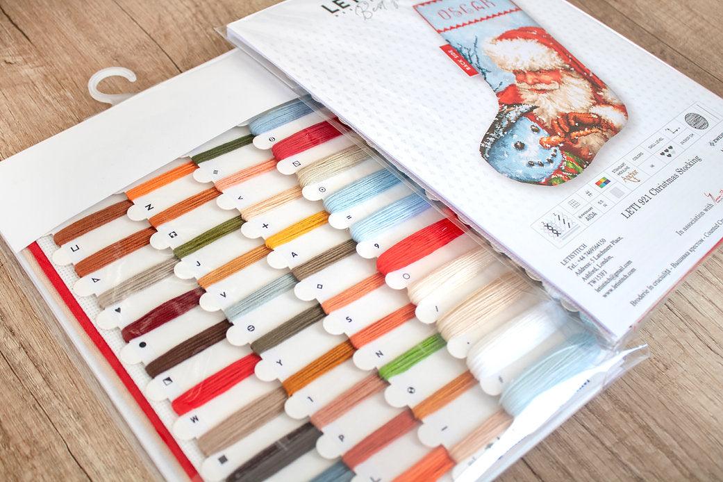 Counted Cross Stitch Kit Christmas Stocking Leti921 featuring vibrant colors and detailed design on Aida canvas.