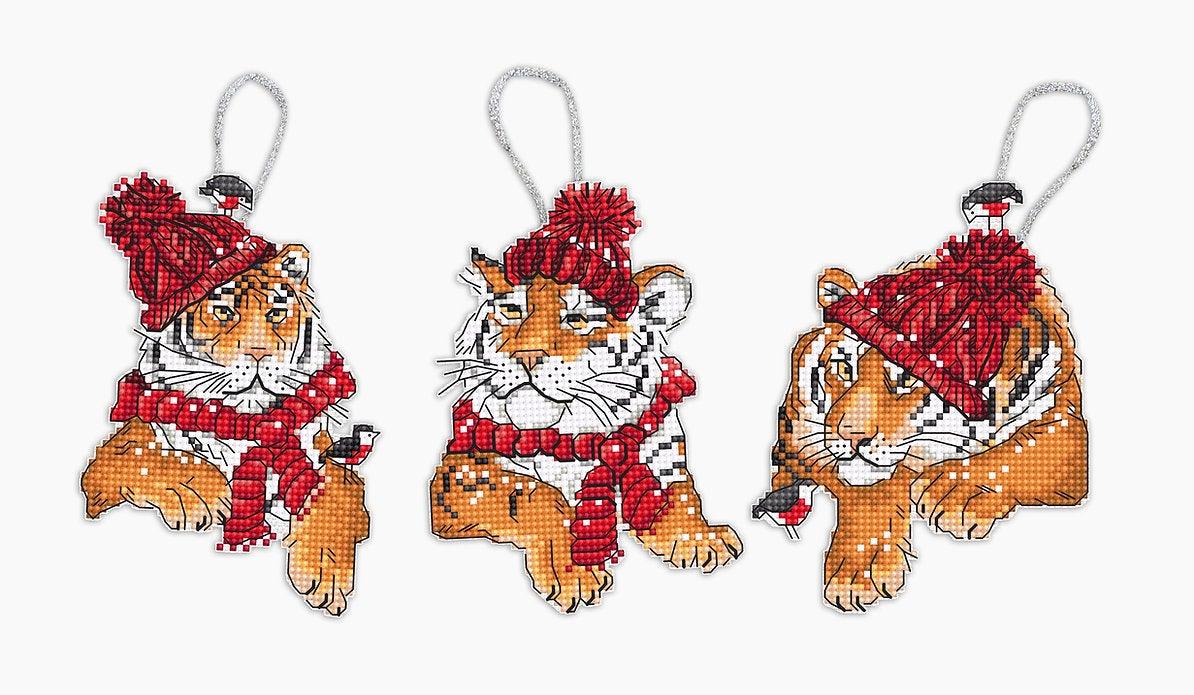 Counted Cross Stitch Kit featuring three Christmas Tiger designs with colorful threads and Aida canvas.