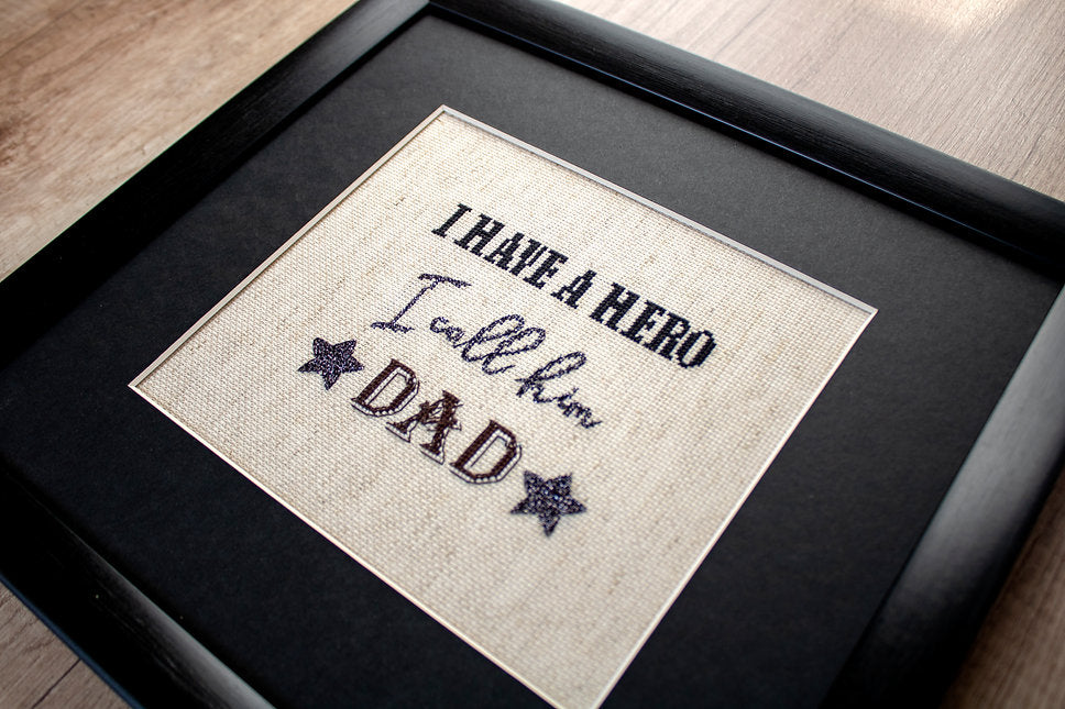 Counted Cross Stitch Kit Leti933 featuring canvas, metallic threads, and needle for crafting a Father's Day gift.