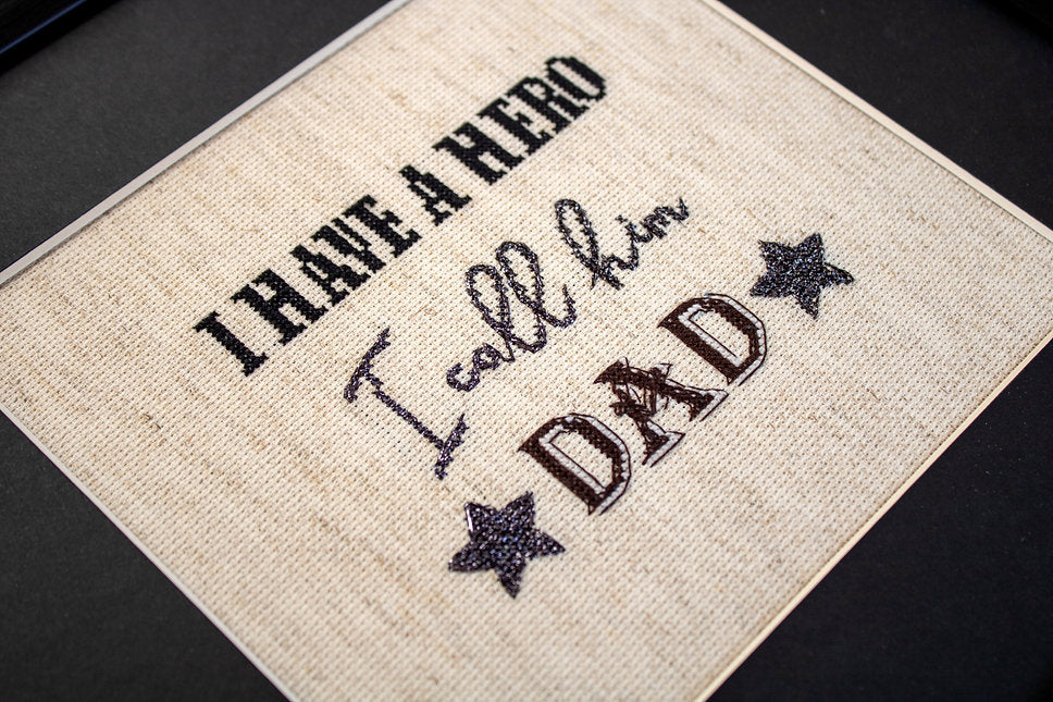 Counted Cross Stitch Kit Leti933 featuring canvas, metallic threads, and needle for crafting a Father's Day gift.