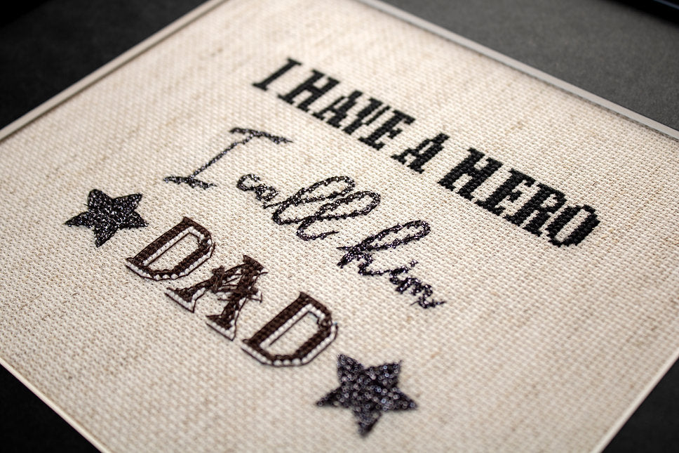 Counted Cross Stitch Kit Leti933 featuring canvas, metallic threads, and needle for crafting a Father's Day gift.