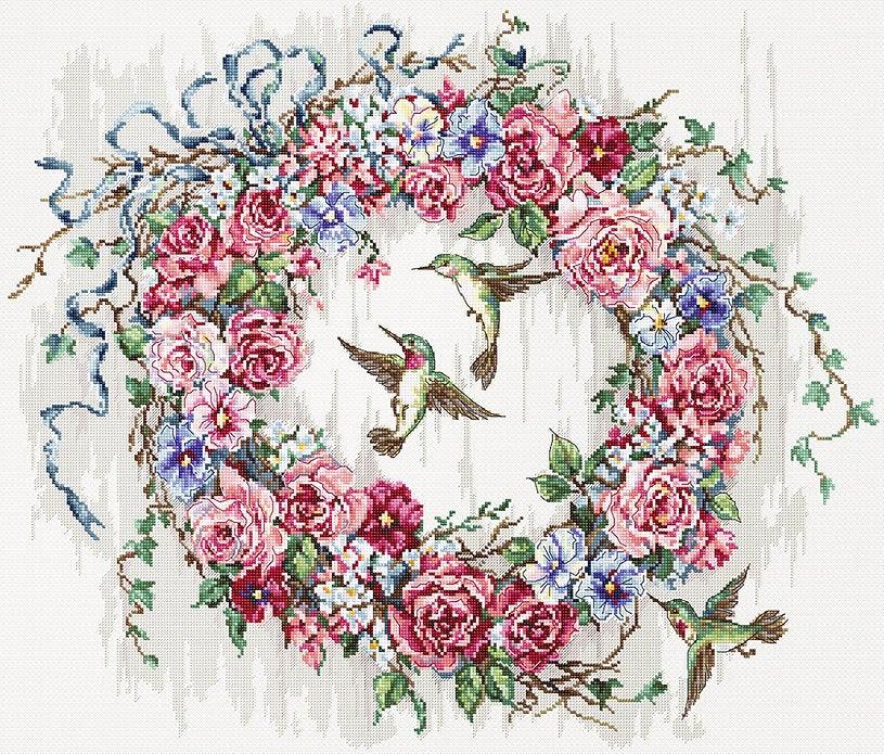 Counted Cross Stitch Kit featuring a Hummingbird Wreath design with vibrant colors and high-quality materials.