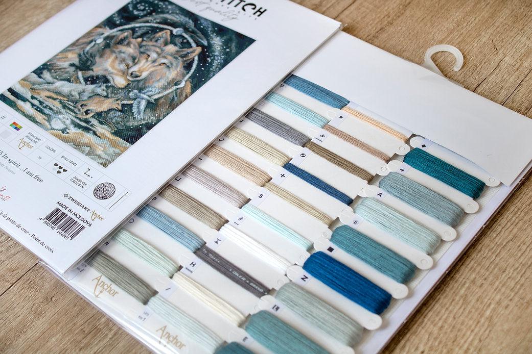 Counted Cross Stitch Kit 'In Spirit I Am Free' featuring Aida canvas, metallic threads, and needle.