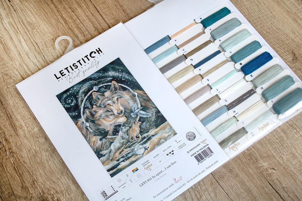 Counted Cross Stitch Kit 'In Spirit I Am Free' featuring Aida canvas, metallic threads, and needle.