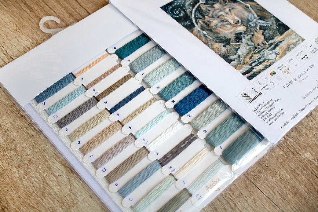 Counted Cross Stitch Kit 'In Spirit I Am Free' featuring Aida canvas, metallic threads, and needle.