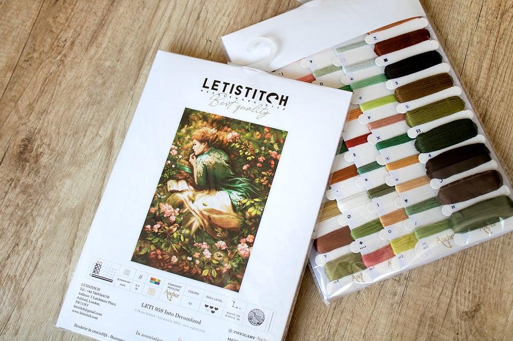 Counted Cross Stitch Kit Into Dreamland Leti959 featuring Aida 16 canvas, 52 Anchor colors, and needle for stitching.