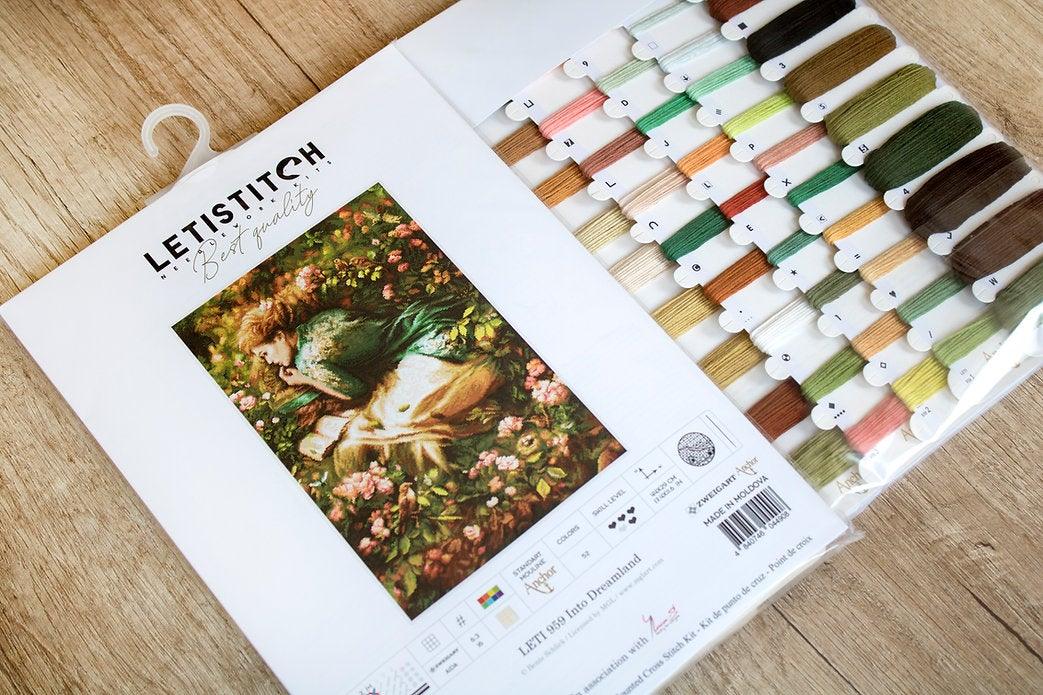 Counted Cross Stitch Kit Into Dreamland Leti959 featuring Aida 16 canvas, 52 Anchor colors, and needle for stitching.