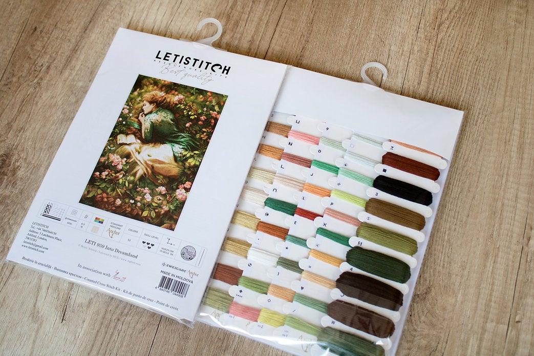 Counted Cross Stitch Kit Into Dreamland Leti959 featuring Aida 16 canvas, 52 Anchor colors, and needle for stitching.