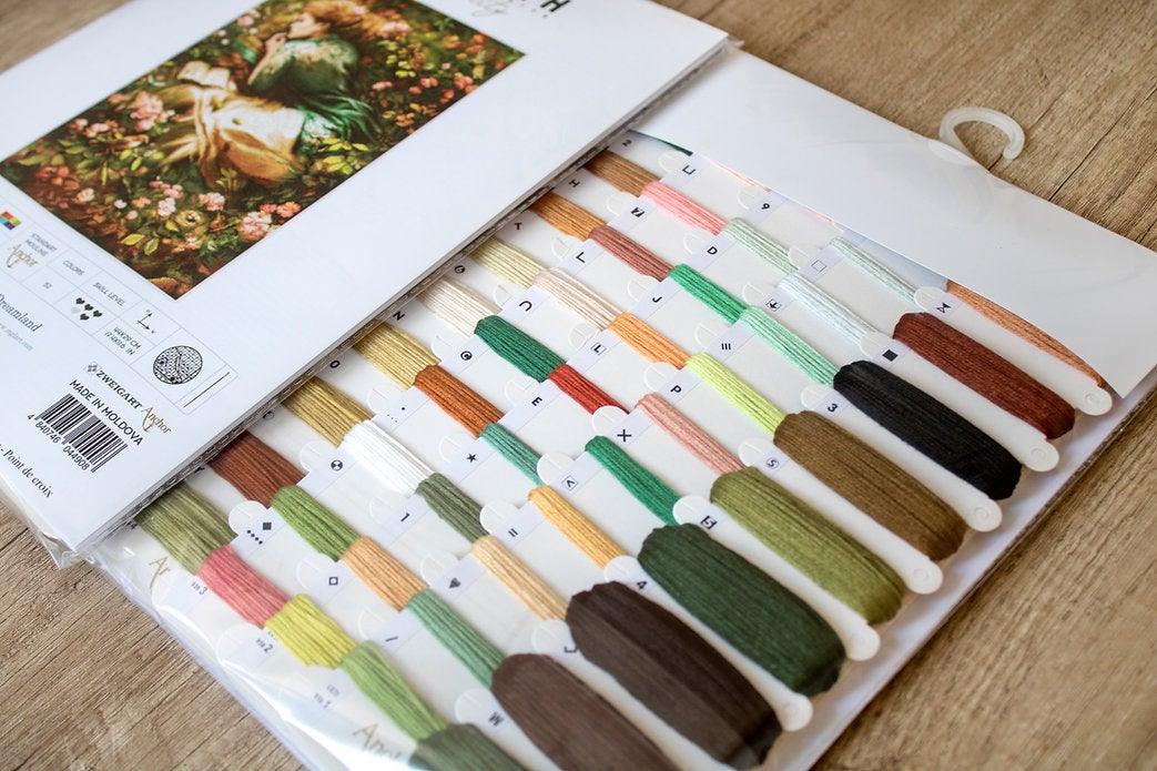 Counted Cross Stitch Kit Into Dreamland Leti959 featuring Aida 16 canvas, 52 Anchor colors, and needle for stitching.