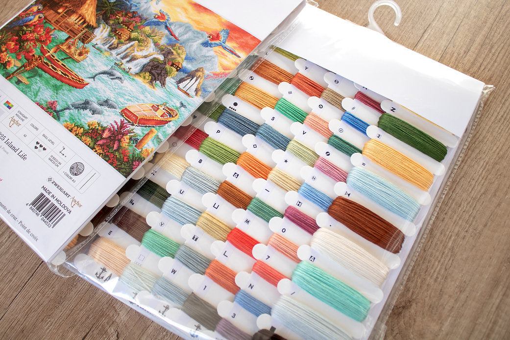 Counted Cross Stitch Kit Island Life Leti925 featuring vibrant threads and canvas.